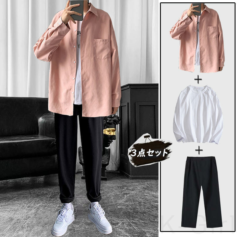 ピンク/シャツ＋ホワイト/Tシャツ+ブラック/パンツ