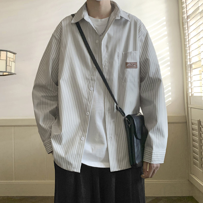 シャツ メンズ 長袖 シンプル ファッション カジュアル 定番 韓国系 一般 一般 折り襟 ボタン 無地 ストライプ柄 なしシャツ