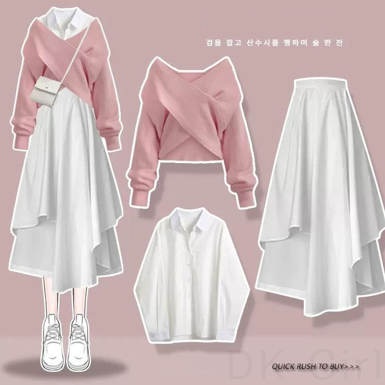 ホワイト/シャツ+ピンク/セーター+ホワイト/スカート