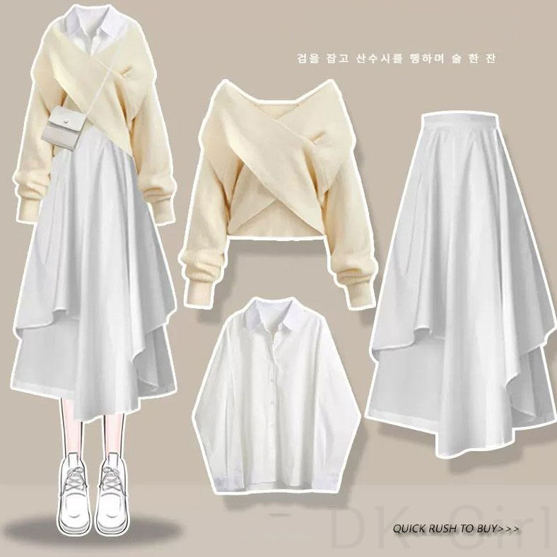 ホワイト/シャツ+アイボリー/セーター+ホワイト/スカート