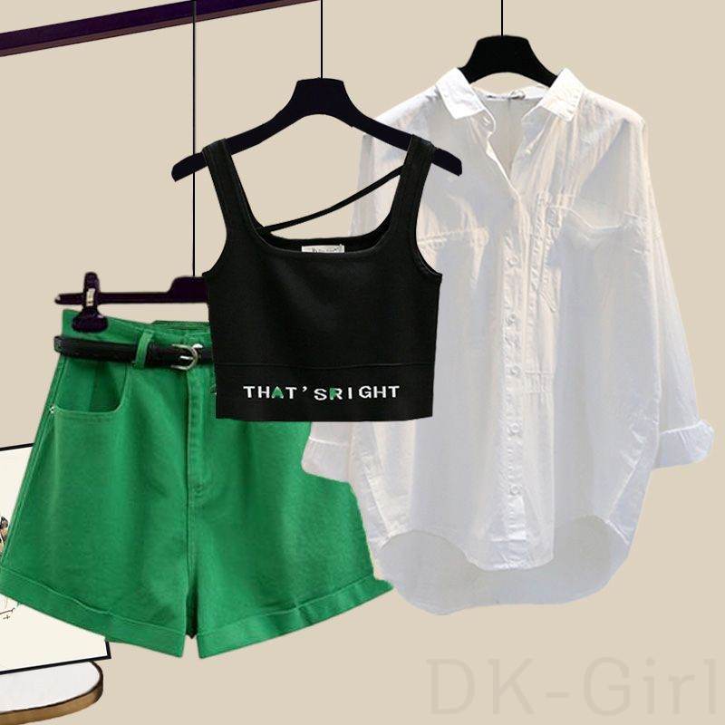 ブラック/タンクトップ+ホワイト/シャツ+グリーン/パンツ