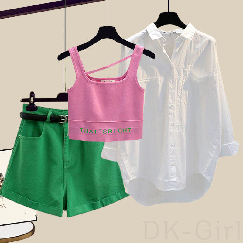 ピンク/タンクトップ+ホワイト/シャツ+グリーン/パンツ