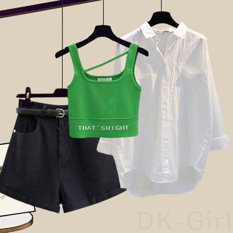 グリーン/タンクトップ+ホワイト/シャツ+ブラック/パンツ