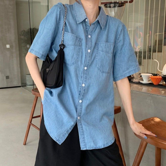 カジュアル・シフォンブラウス無地シンプルボタン半袖折り襟ファッション夏 服一般一般韓国ファッション オシャレ 服シングルブレストデニム