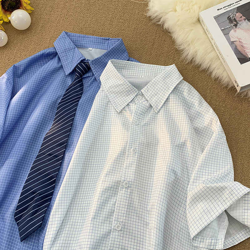 シャツシンプルファッションカジュアル定番韓国ファッション オシャレ 服その他半袖折り襟シングルブレストホワイトブルーなしチェック柄