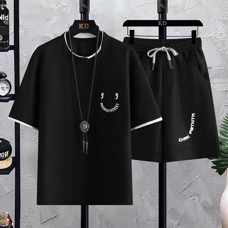 セットアップ韓国ファッション オシャレ 服メンズラウンドネックプルオーバーホワイトブラックコーヒーライトグリーンプリントプリントカジュアル