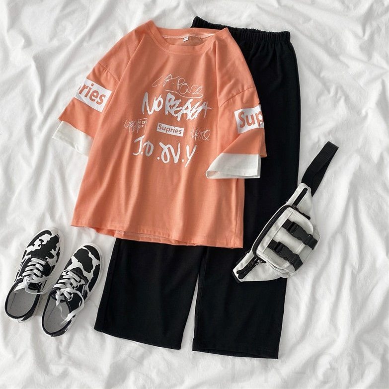 オレンジ/Tシャツ+ブラック/パンツ