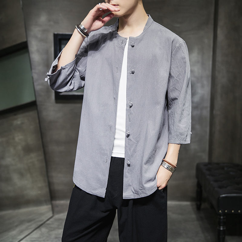 カーディガン 韓国ファッション オシャレ 服 夏 服 メンズ ポリエステル 七分袖 一般 一般 ラウンドネック ボタン ボタン 無地