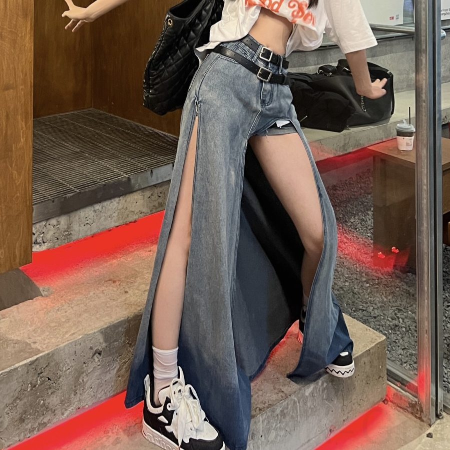 スカートデニム韓国ファッション オシャレ 服グラデーション色シンプルスリット夏 服ベルト付きモード不規則