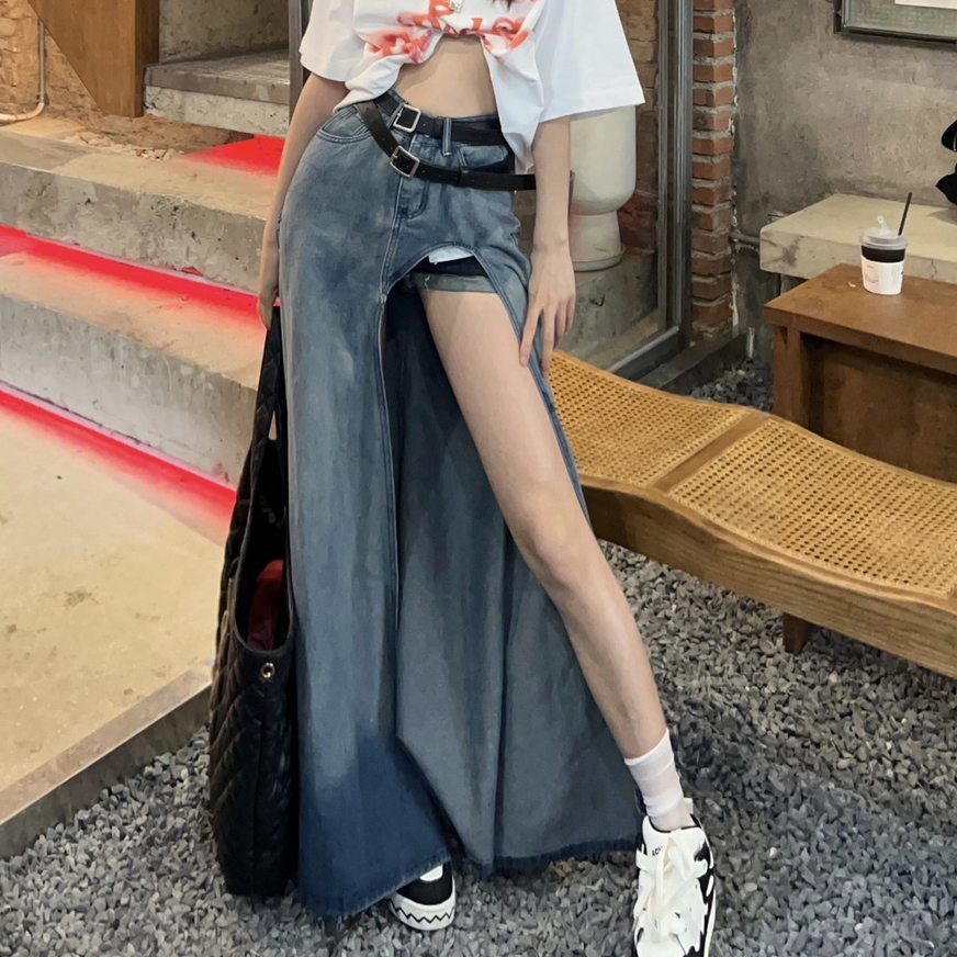 スカートデニム韓国ファッション オシャレ 服グラデーション色シンプルスリット夏 服ベルト付きモード不規則