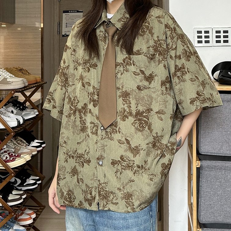 シャツなしシンプル一般半袖夏 服韓国ファッション オシャレ 服折り襟一般シングルブレストポリエステルプリントメンズ