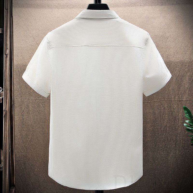 シャツ シンプル 韓国ファッション オシャレ 服 夏 服 ポリエステル 半袖 一般 中長 折り襟 シングルブレスト ボタン ストライプ柄