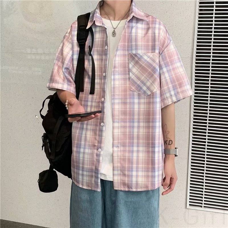 シャツ シンプル カジュアル レトロ 韓国ファッション オシャレ 服 夏 服  半袖   折り襟 シングルブレスト  チェック柄 配色