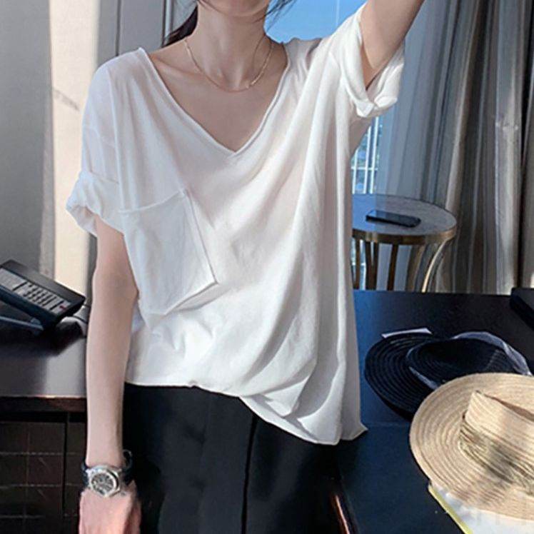 Ｔシャツ・POLOシャツ シンプル カジュアル 韓国ファッション オシャレ 服 夏 服 大きめのサイズ感 その他 半袖 一般 一般 Vネック プルオーバー なし 無地 着痩せ効果 体型をカバー 休日 通気性良い