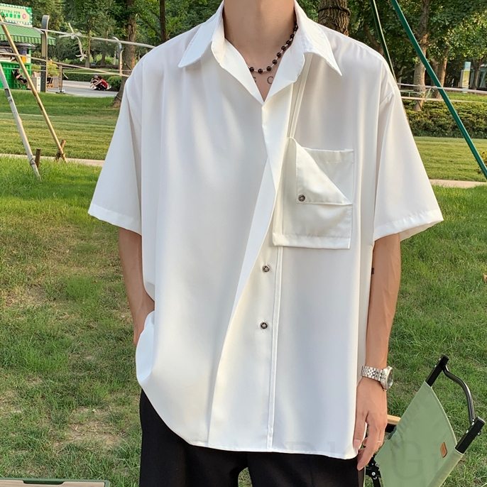 シャツ カジュアル 折り襟 なし 定番 無地 一般 韓国ファッション オシャレ 服 ホワイト 夏 服 シンプル 半袖 その他 ファッション ブラック ボタン