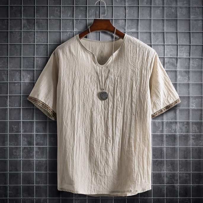 Tシャツ・POLOシャツ シンプル カジュアル 韓国ファッション オシャレ 服 夏 服 メンズ 綿麻 半袖 一般 Vネック プルオーバー 切り替え 配色