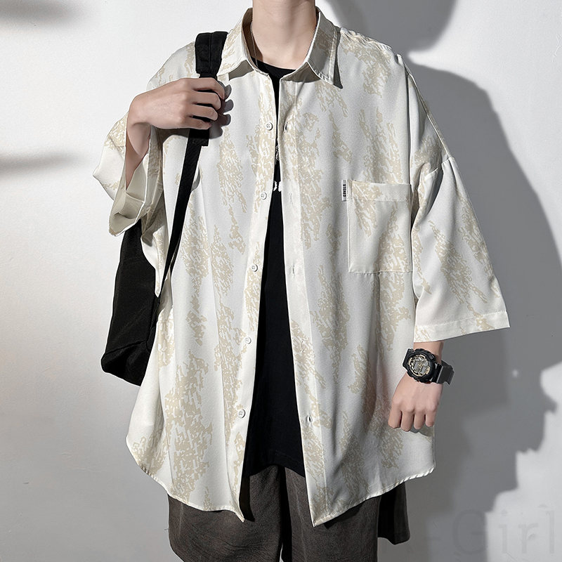 カーディガン ファッション 韓国ファッション オシャレ 服 夏 服 メンズ ポリエステル 五分袖 一般 一般 折り襟 ボタン ボタン 絞り染め