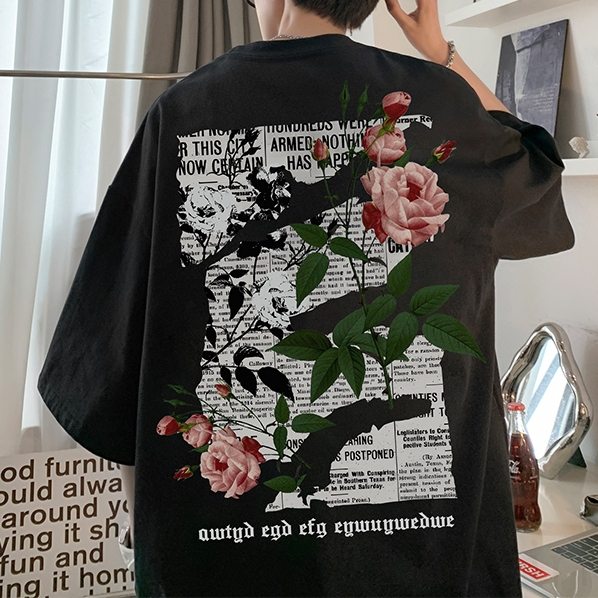 [韓国で人気爆発 ]Tシャツ・POLOシャツ 高見えデザイン ストリート系 夏 花模様 プリント ラウンドネック
