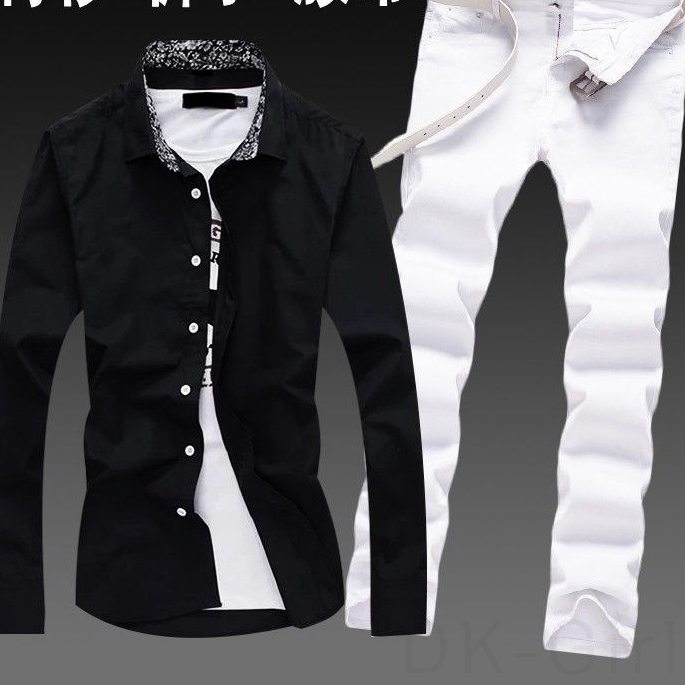 （2点セット）ブラック/シャツ+ホワイト/パンツ（タイベルト付け）
