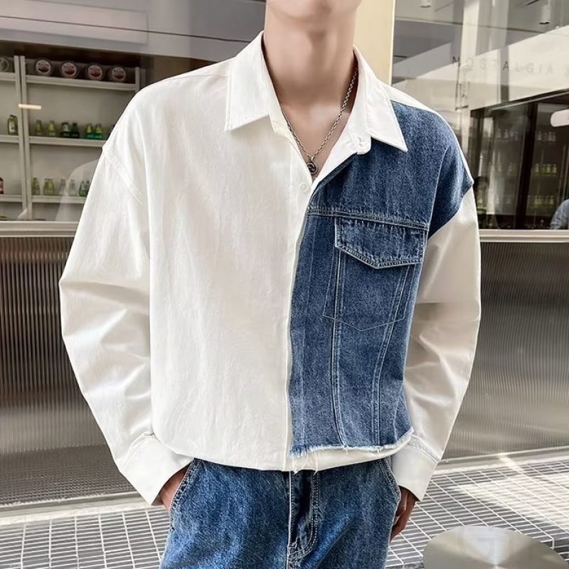 シャツ ポリエステル カジュアル 切り替え 配色 折襟 シングルブレスト 春秋 韓国ファッション オシャレ 服 長袖 一般 一般