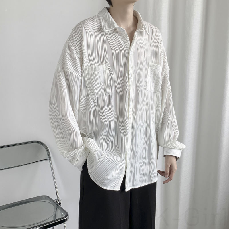 シャツ メンズ 一般 無地 カジュアル 秋  服 韓国ファッション オシャレ 服 折り襟 ポリエステル ボタン シングルブレスト 一般 長袖 シンプル