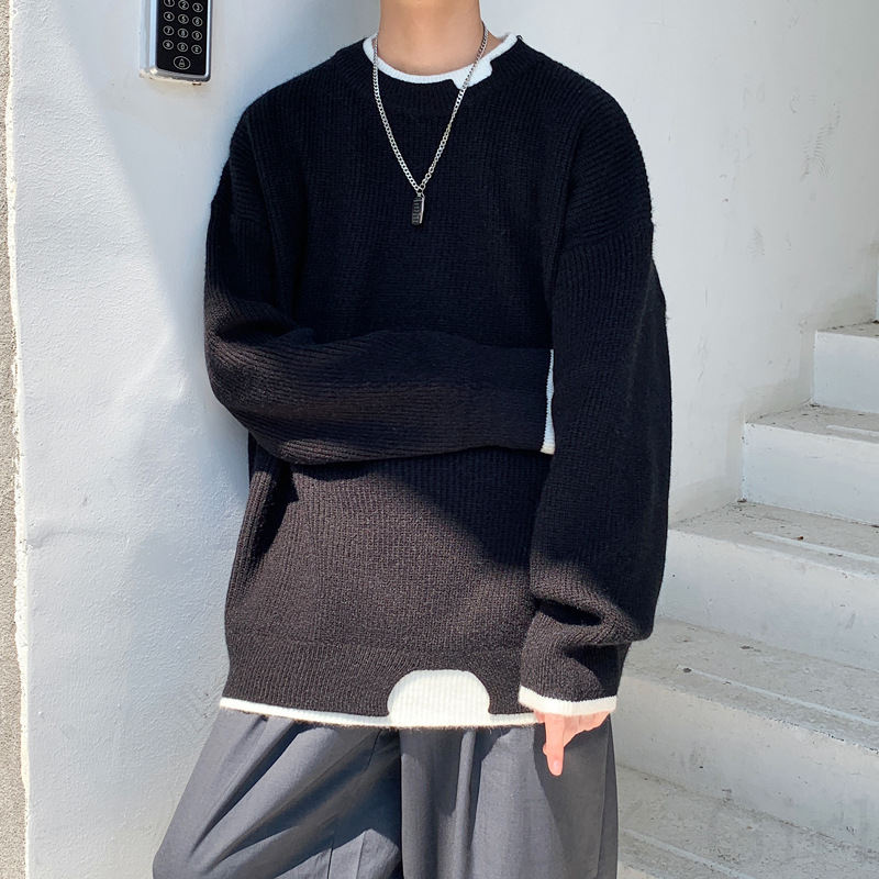個性的なデザイン カジュアル セーター 韓国系 フェイクツーピース 配色 ルーズ  プルオーバー ラウンドネック セーター