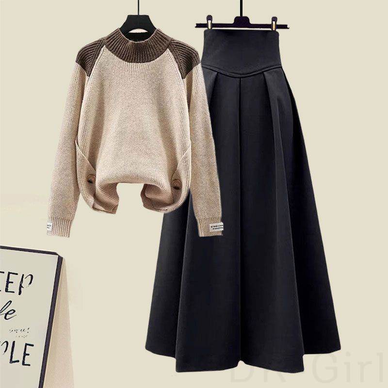 アイボリー/セーター+ブラック/スカート