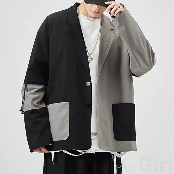 スーツ シンプル ファッション 韓国ファッション オシャレ 服 秋冬 メンズ ポリエステル 長袖 一般 一般 折り襟 ボタン 切り替え 配色