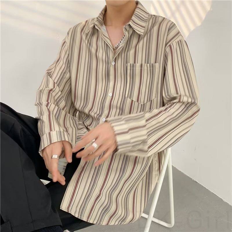 カジュアル シャツ 韓国系 レトロ ファッション 配色 ズストライプ デザインニッチ ハンサム 長袖 ボタン シャツ