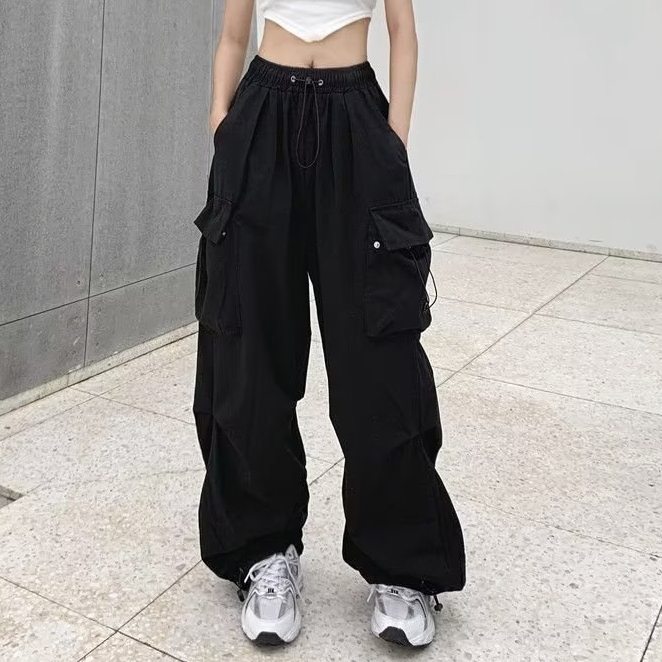 カジュアルパンツシンプル韓国ファッション オシャレ 服大きめのサイズ感コットンボウタイハイウエストロング丈無地脚長効果体型をカバー
