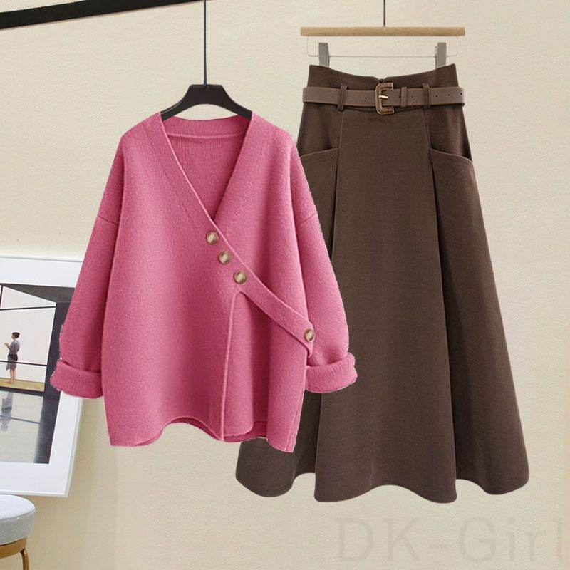 ピンク/セーター+コーヒー/スカート（2点セット）