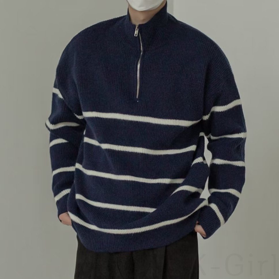 セーター シンプル ファッション カジュアル 韓国ファッション オシャレ 服 秋  服 メンズ 混紡 ポリエステル 長袖 一般 一般 スタンドネック ハーフ ジップ プルオーバー ファスナー 配色 ボーダー