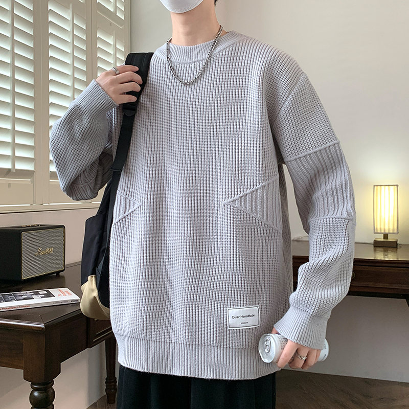 人気高い 全4色 セーター カジュアル ファッション 韓国系 幾何模様 プリント 切り替え ラウンドネック 秋冬 ルーズ 無地 メンズ セーター