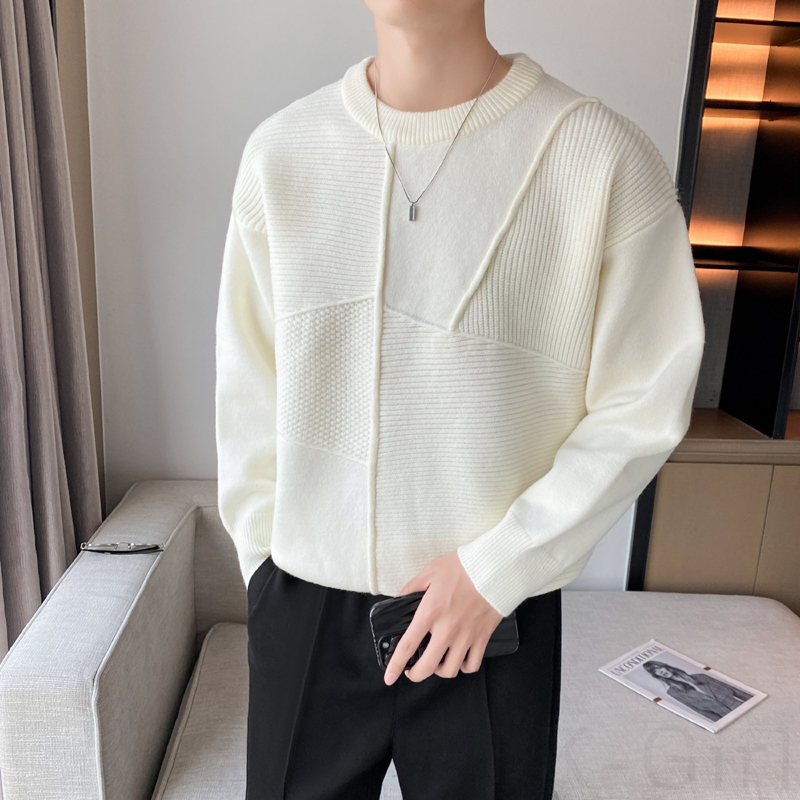 高品質 全4色 セーター 韓国系 ファッション カジュアル 切り替え 幾何模様 秋冬 ラウンドネック メンズ セーター