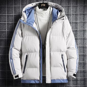 人気高い 全5色 綿コート ファッション カジュアル 韓国系 配色 ストライプ柄 ジッパー 切り替え ポケット付き フード付き 秋冬 メンズ 綿コート