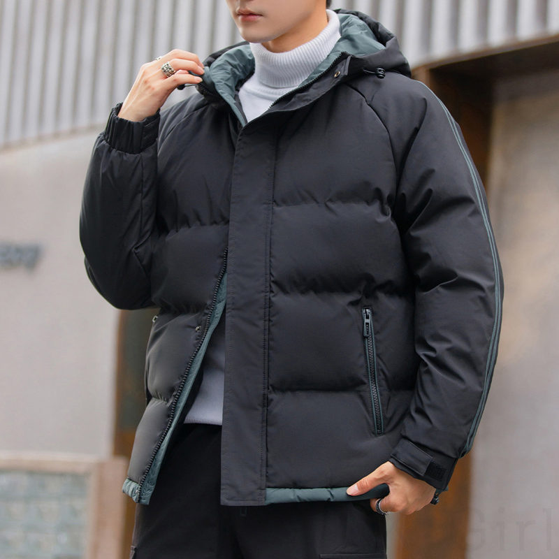 高品質 暖かい 3カラー展開 綿コート 韓国系 ファッション カジュアル ストライプ柄 配色 ジッパー フード付き 厚手 秋冬 メンズ 綿コート