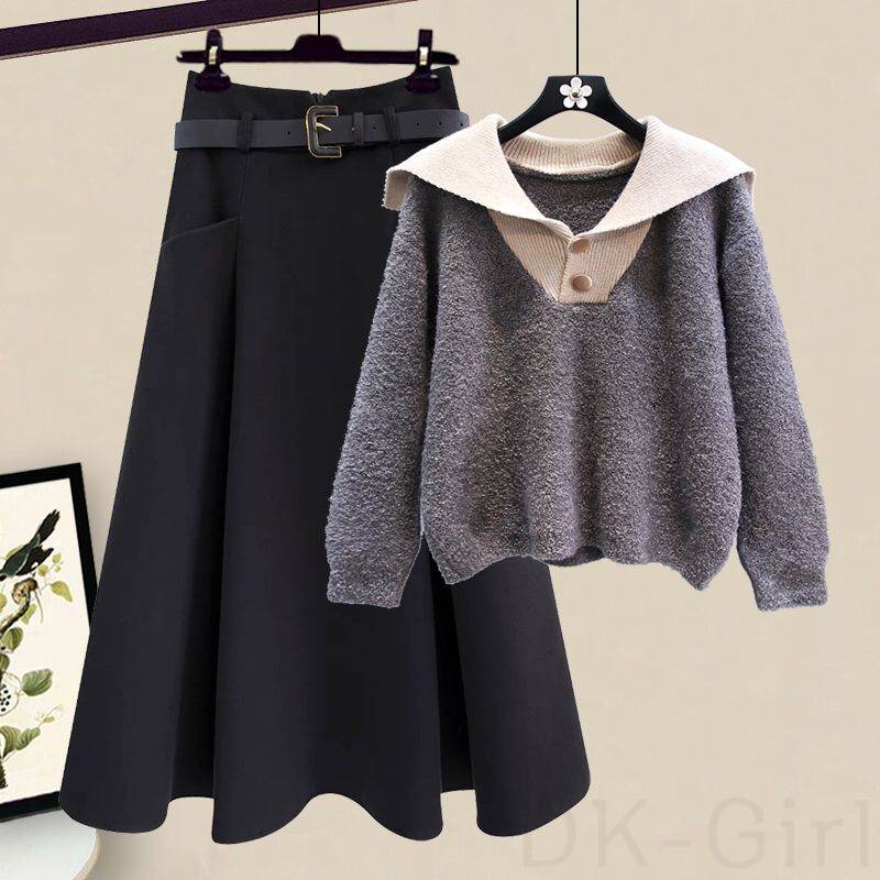 セーター/グレー+スカート/ブラック