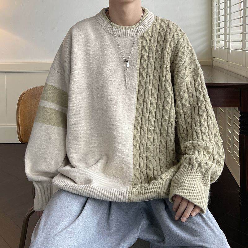 韓国風ファッション シンプル ラウンドネック 切り替え 怠惰風 メンズ セーター