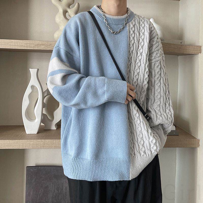 韓国風ファッション シンプル ラウンドネック 切り替え 怠惰風 メンズ セーター