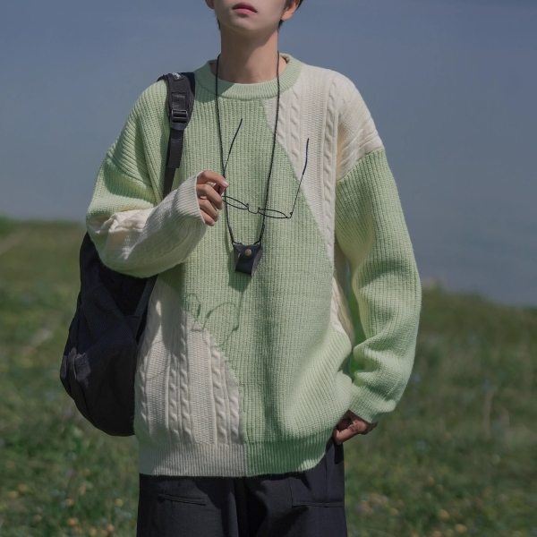 絶対流行 シンプル ラウンドネック 配色 長袖 プルオーバー セーター