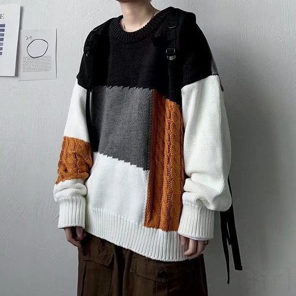 セーターシンプル韓国ファッション オシャレ 服ニット長袖ラウンドネックプルオーバー切り替え配色