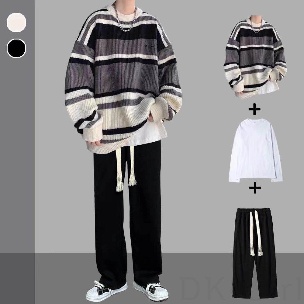 ブラック/ニット.セーター+ホワイト/Tシャツ/ブラック/パンツ
