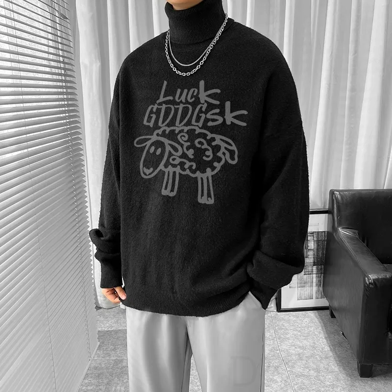 楽ちんなつけ心地 セーター 韓国系 ファッション カジュアル 動物柄 プリント ハイネック 秋冬 メンズ セーター