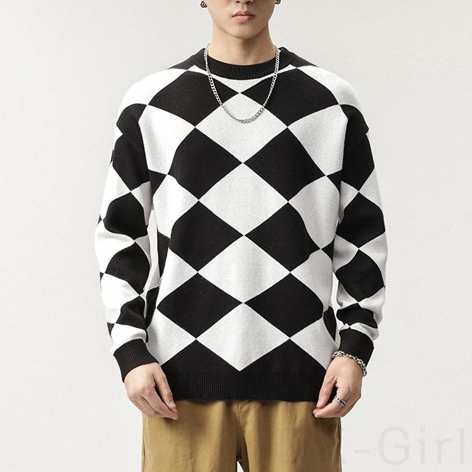 大流行新作 セーター 韓国系 ファッション カジュアル チェック柄 配色 ラウンドネック 秋冬 メンズ セーター