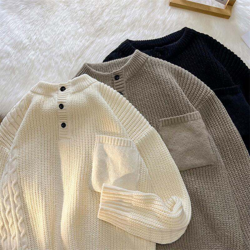 着心地良い セーター 韓国系 カジュアル レトロ 胸ポケット 幾何模様 ルーズ 無地 秋冬 メンズ セーター