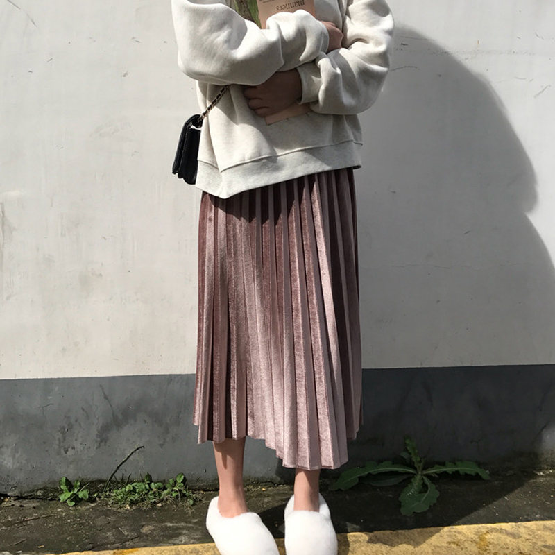 無地ファッションカジュアルギャザー飾りロング春夏秋ハイウエストAラインプリーツスカートスカート