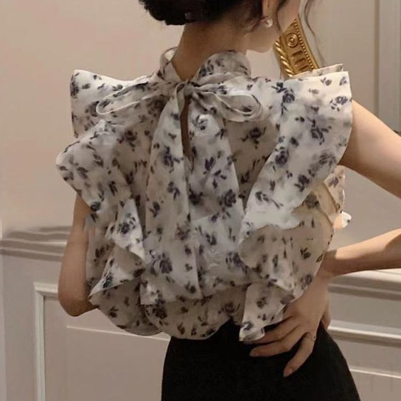 シャツ・ブラウス花柄半袖韓国ファッションフェミニンスウィートフリル袖プリントリボンカラー