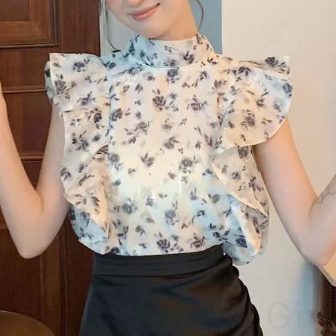 シャツ・ブラウス花柄半袖韓国ファッションフェミニンスウィートフリル袖プリントリボンカラー