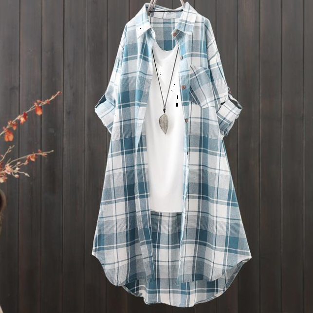 [体型をカバー]シャツ・ブラウス チェック柄 配色 長袖 カジュアル 韓国ファッション 折り襟 レディース 服