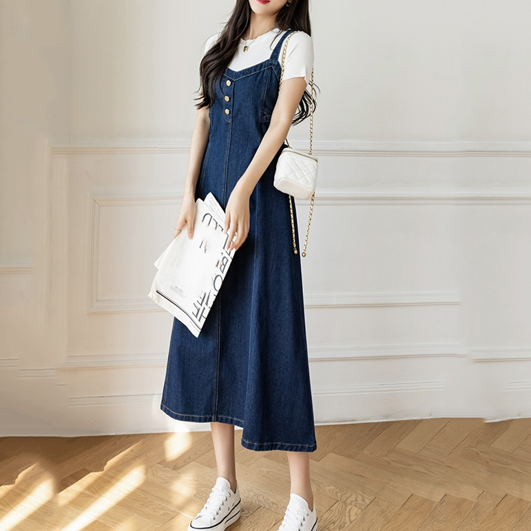 【可愛いデザイン】無地ノースリーブファッション韓国ファッションノースリーブボウタイボタンロングキャミソールプルオーバーハイウエストAラインセクシー・ボディコンワンピース